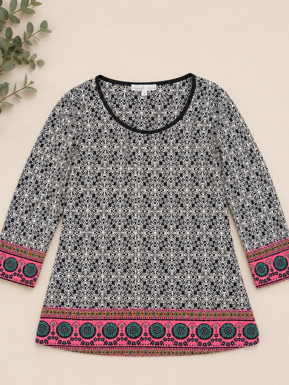 Moa Moa Black & White Printed Scoop Neck Tunic with Pink Border